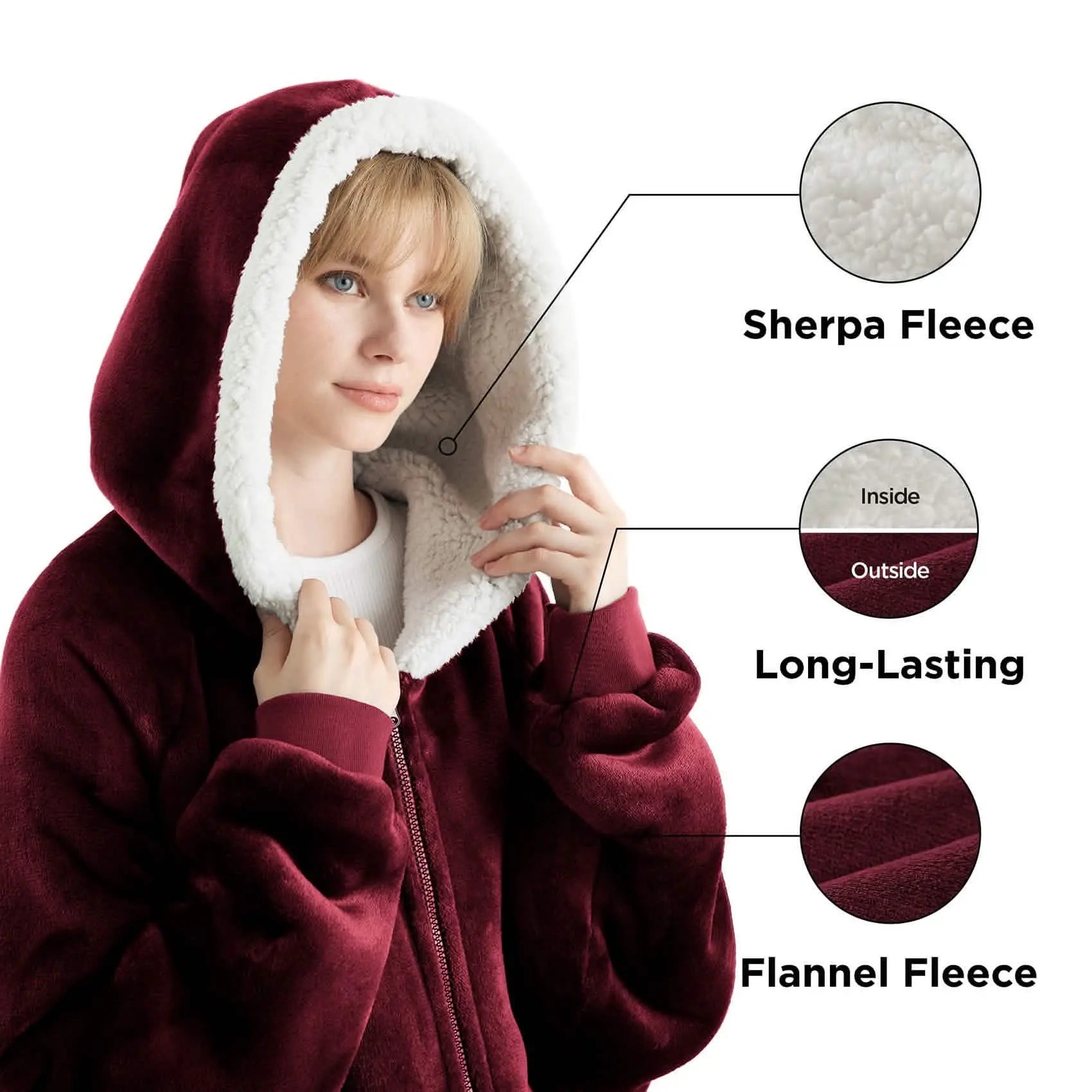 Sherpa Fleece Zippered Short Wearable Blanket Hoodie - TARHUS