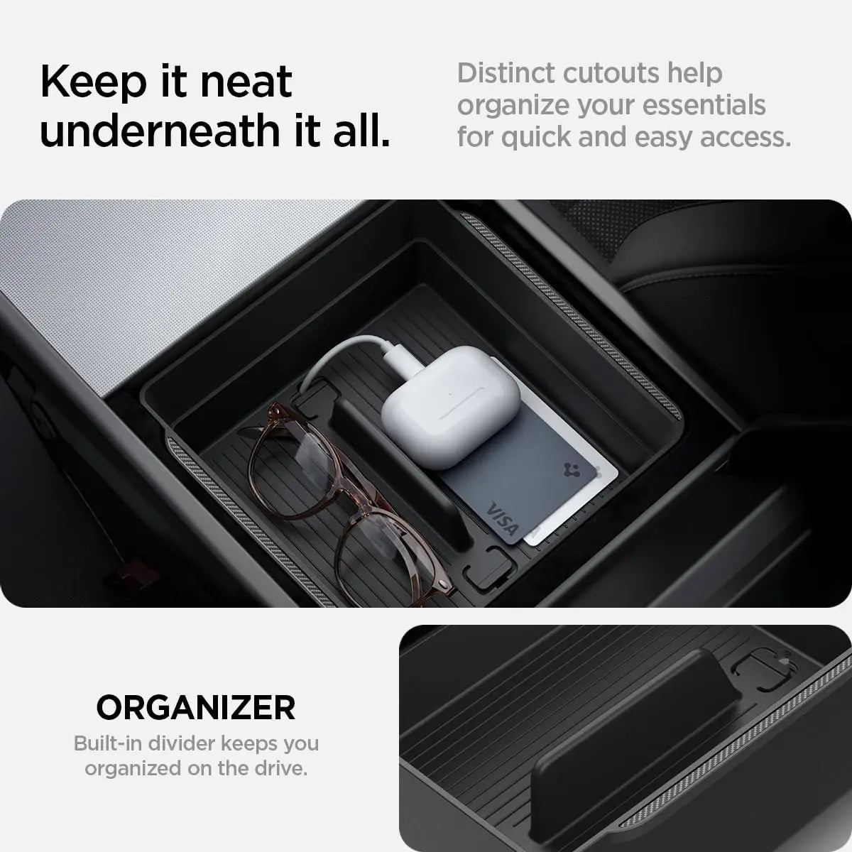 Spigen One-Tap Hidden Storage Box – Carbon Edition Console Organizer for Tesla Model Y (2025/2026 Juniper) & Model 3 (2024/2025 Highland) - TARHUS