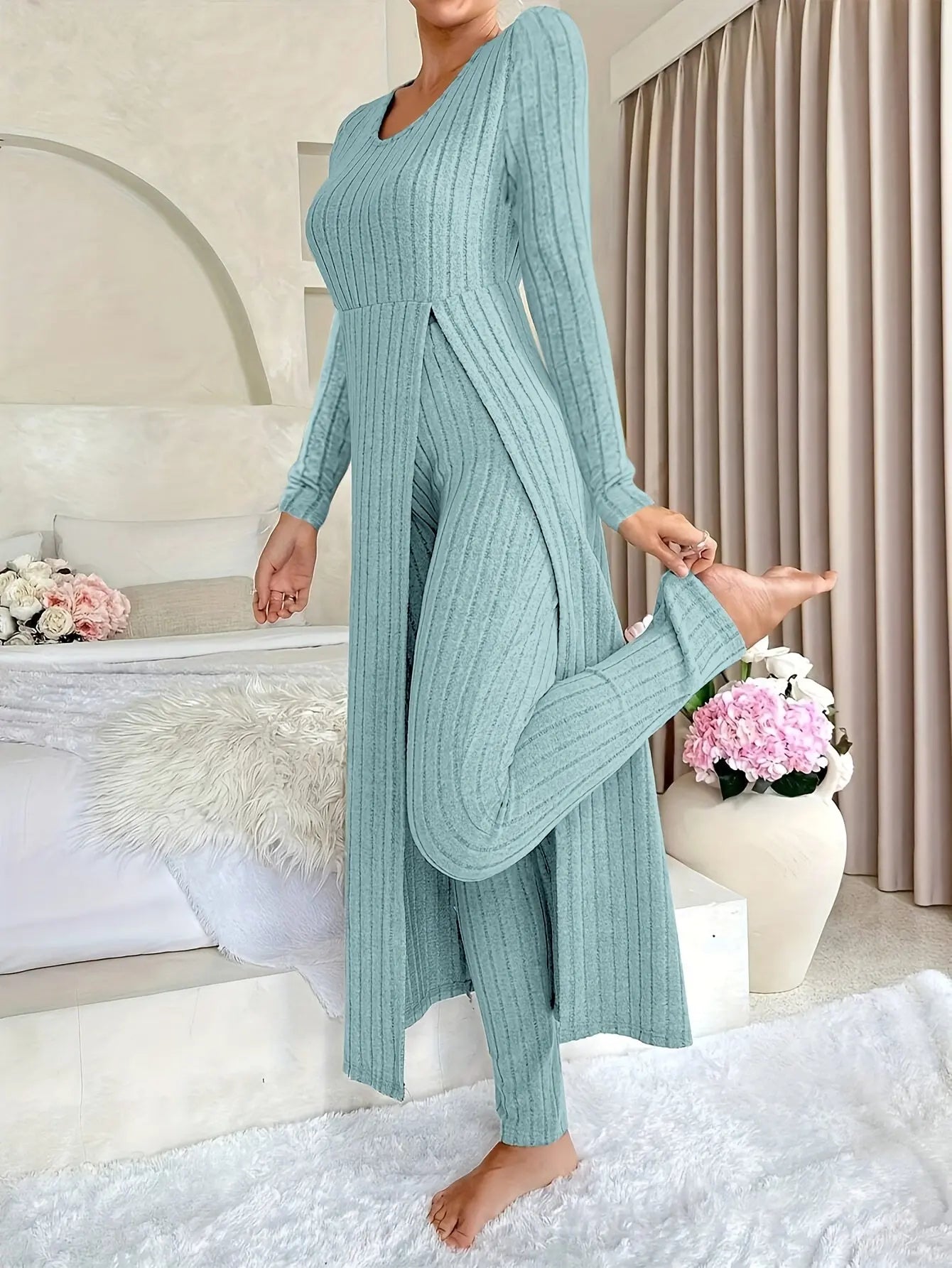 Women's Ribbed Lounge Set – Long Sleeve Top & Pants Two-Piece Outfit - TARHUS