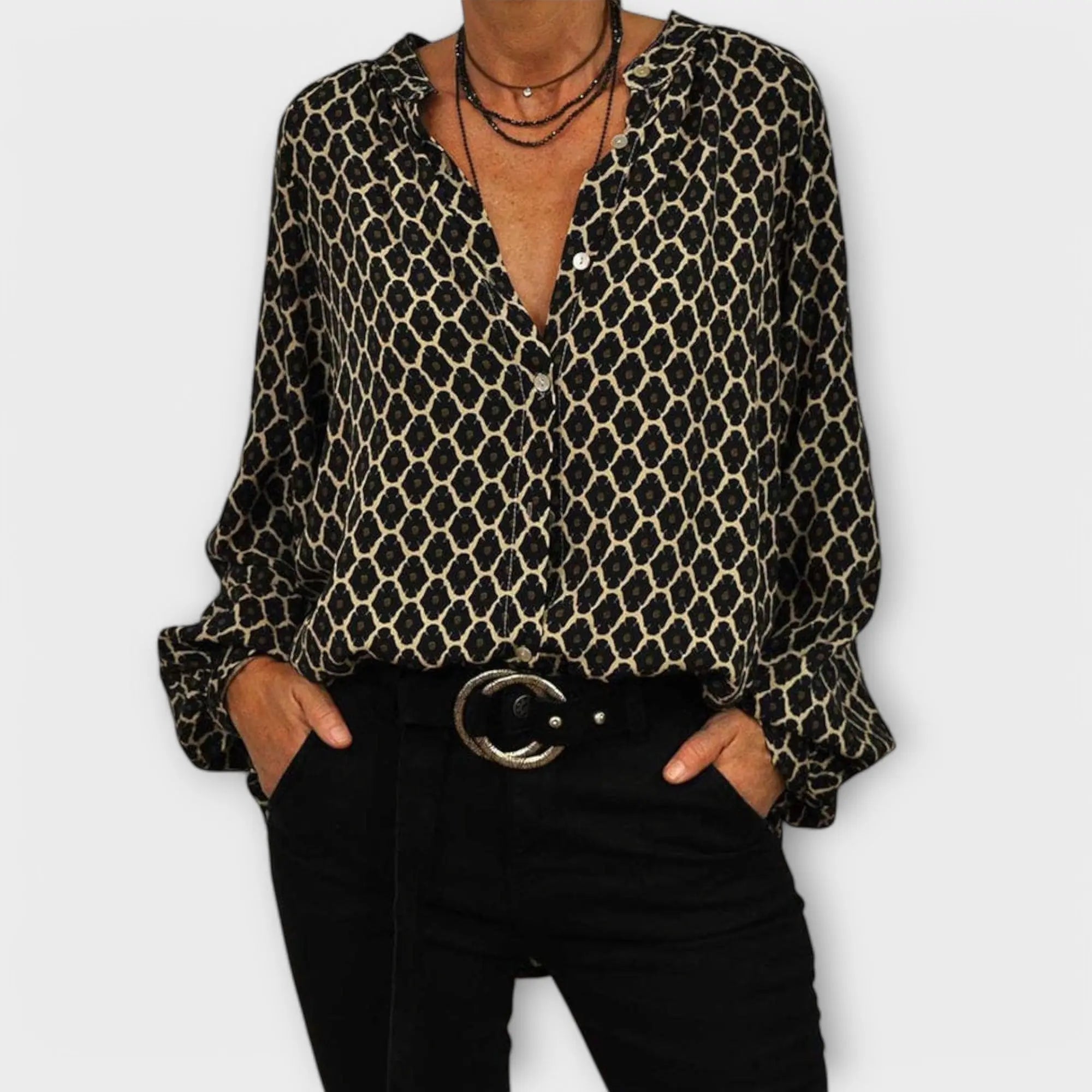 Stylish Blouse with V-Neck and Long Sleeves - TARHUS