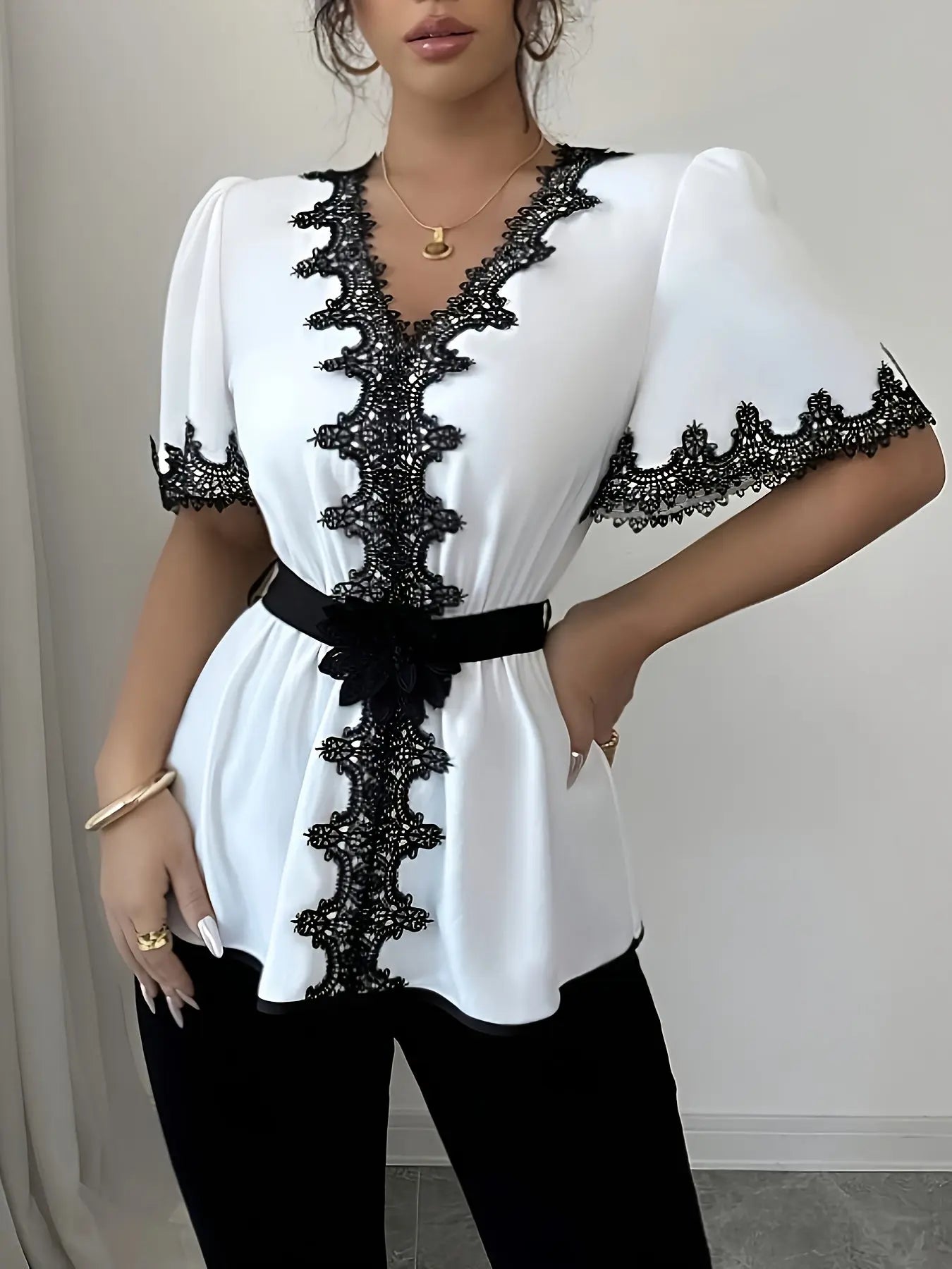 Elegant Lace Trim Blouse for Women – Long Sleeve, Lightweight, Stylish Office & Casual Top - TARHUS