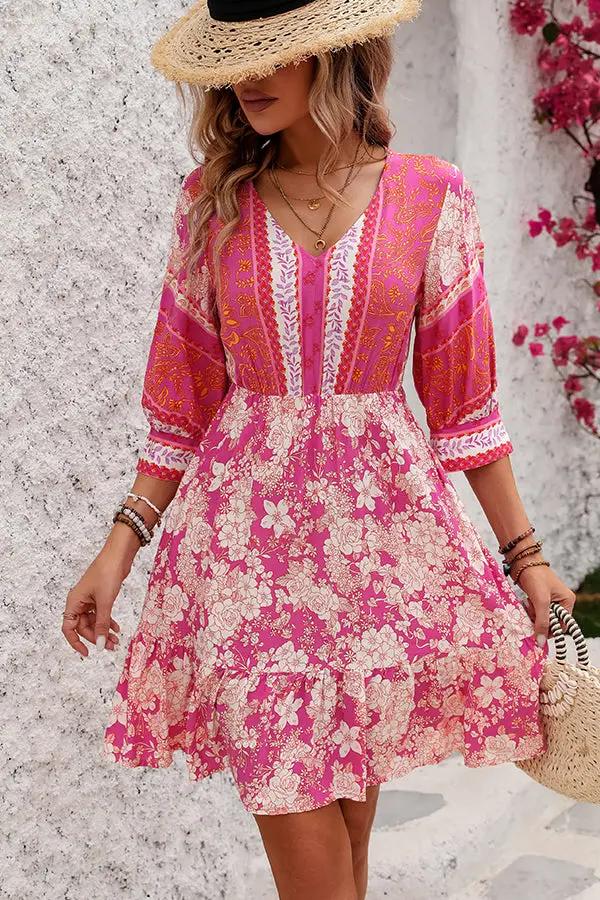 Bohemia Print V Neck Casual Mini Dress - TARHUS