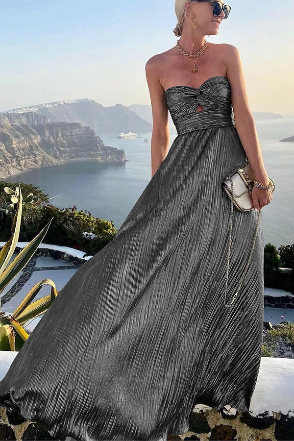 Elegant Strapless A-Line Evening Gown with Pleated Metallic Design TARHUS  Maxi Dresses (Women)