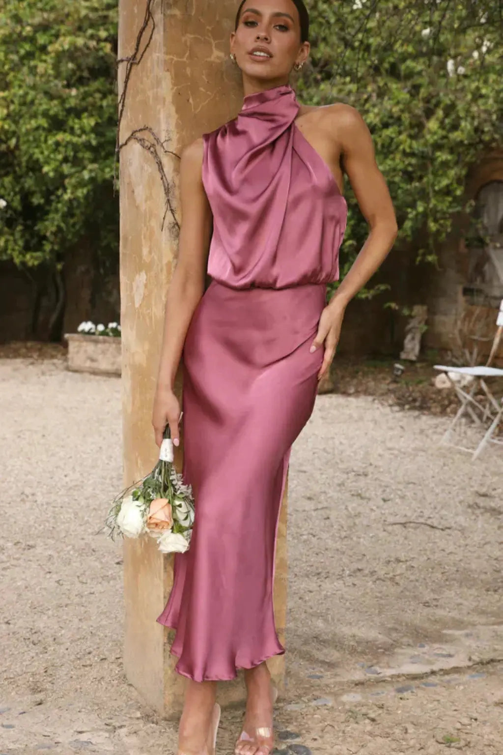 Amelina | Women Halter Neck Midi Dress Satin Wedding Guest Dress TARHUS