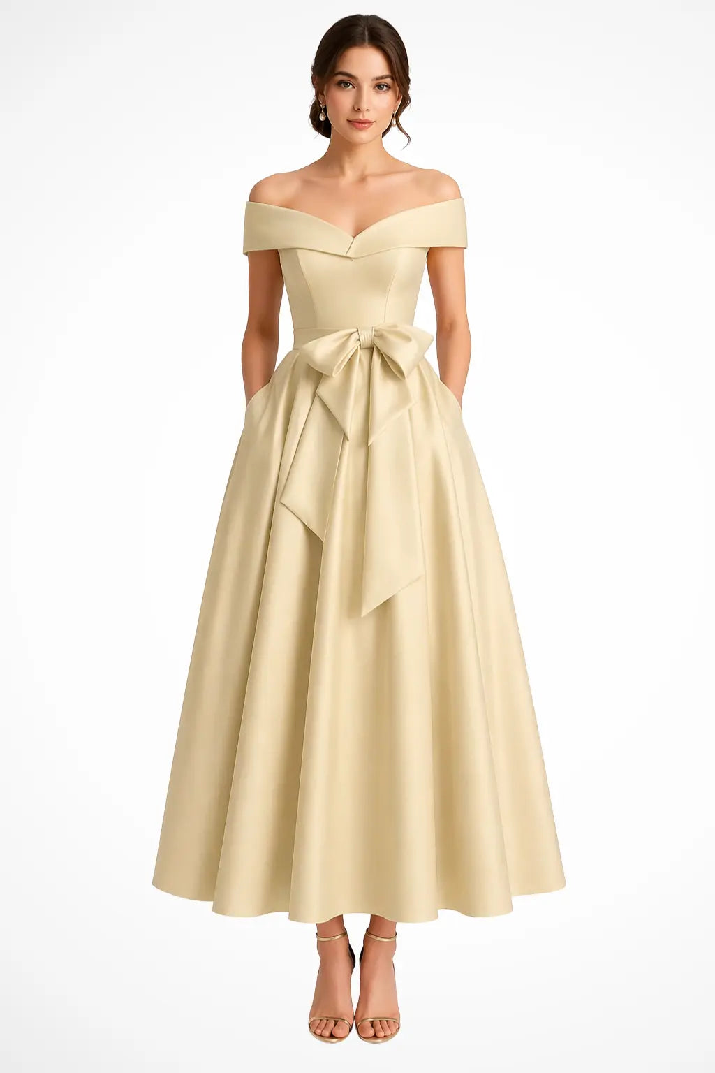 Arabella | Women Off Shoulder Bow Waist A Line Midi Wedding Guest Dress TARHUS  Mother of the Bride Dresses