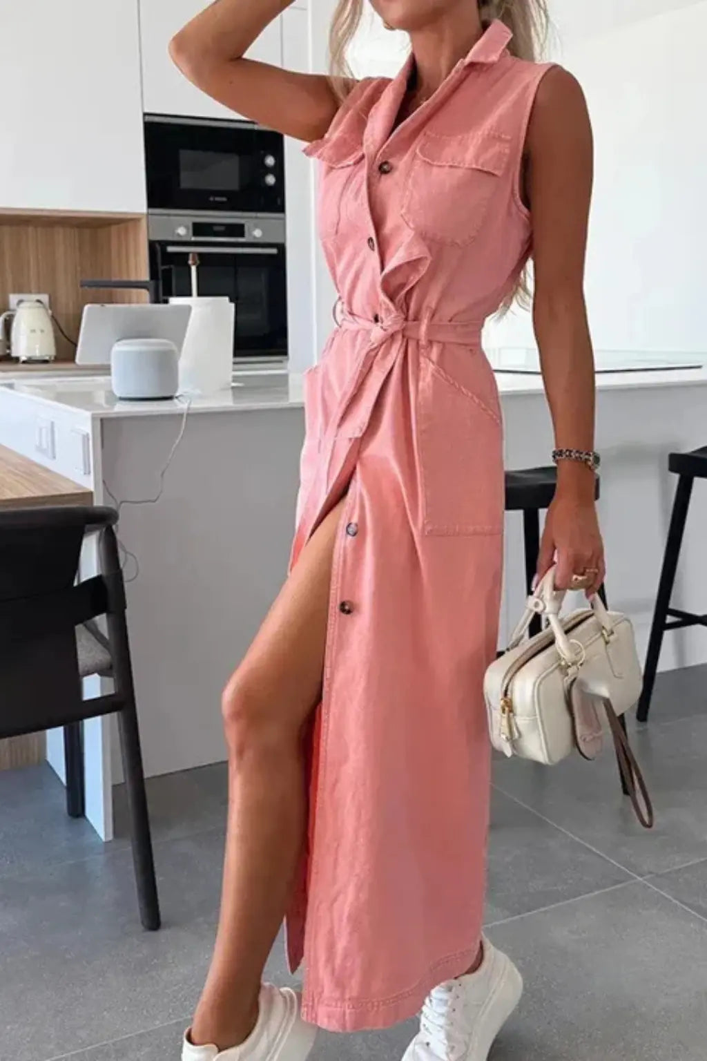 Lottie | Women Sleeveless Belted Button Down Denim Maxi Dress with Split TARHUS