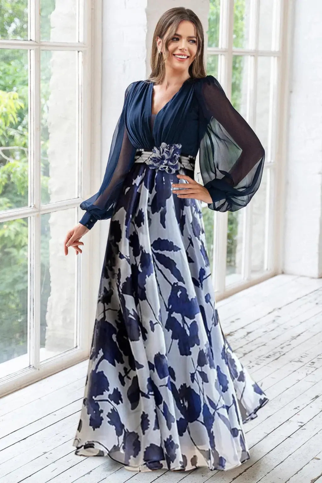 Valentina | Women V Neck Balloon Sleeve Floral Print Maxi Wedding Guest Dress TARHUS  Mother of the Bride Dresses