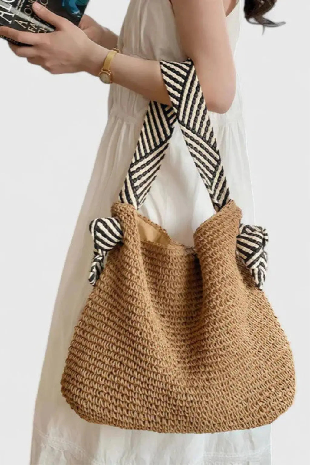 Briar | Women Woven Straw Contrast Strap Shoulder Tote Bag TARHUS