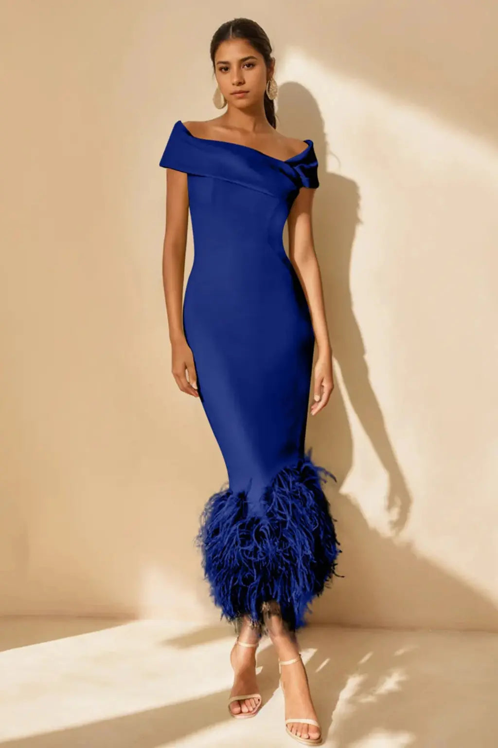 Verity | Women Off Shoulder Fitted Feather Hem Midi Wedding Guest Dress TARHUS  Mother of the Bride Dresses