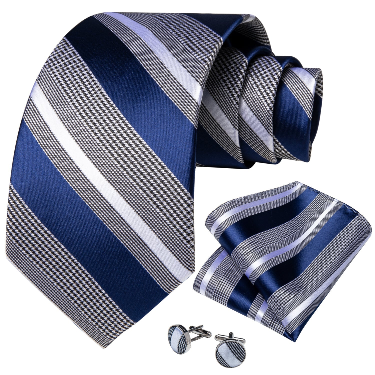 Royal Blue and Gray Striped Tie, Pocket Square and Cufflinks TARHUS  tie sets