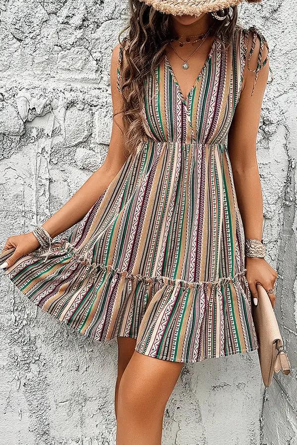 Bohemia Print V Neck Casual Dress - TARHUS