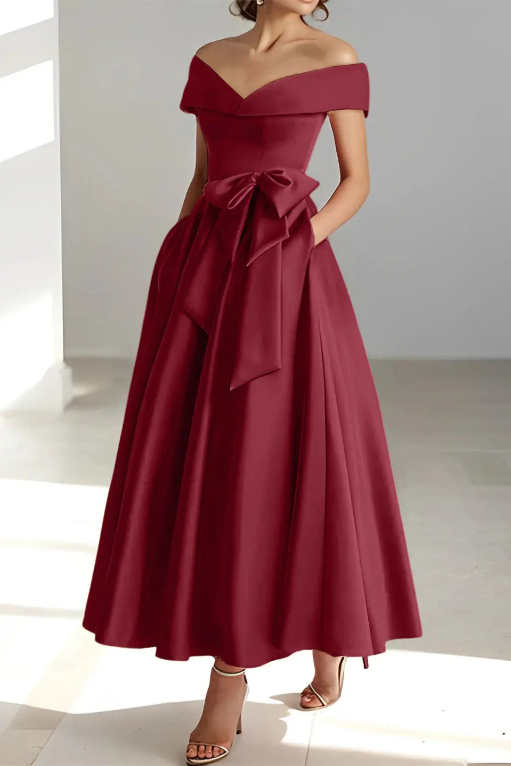 Arabella | Women Off Shoulder Bow Waist A Line Midi Wedding Guest Dress TARHUS  Mother of the Bride Dresses