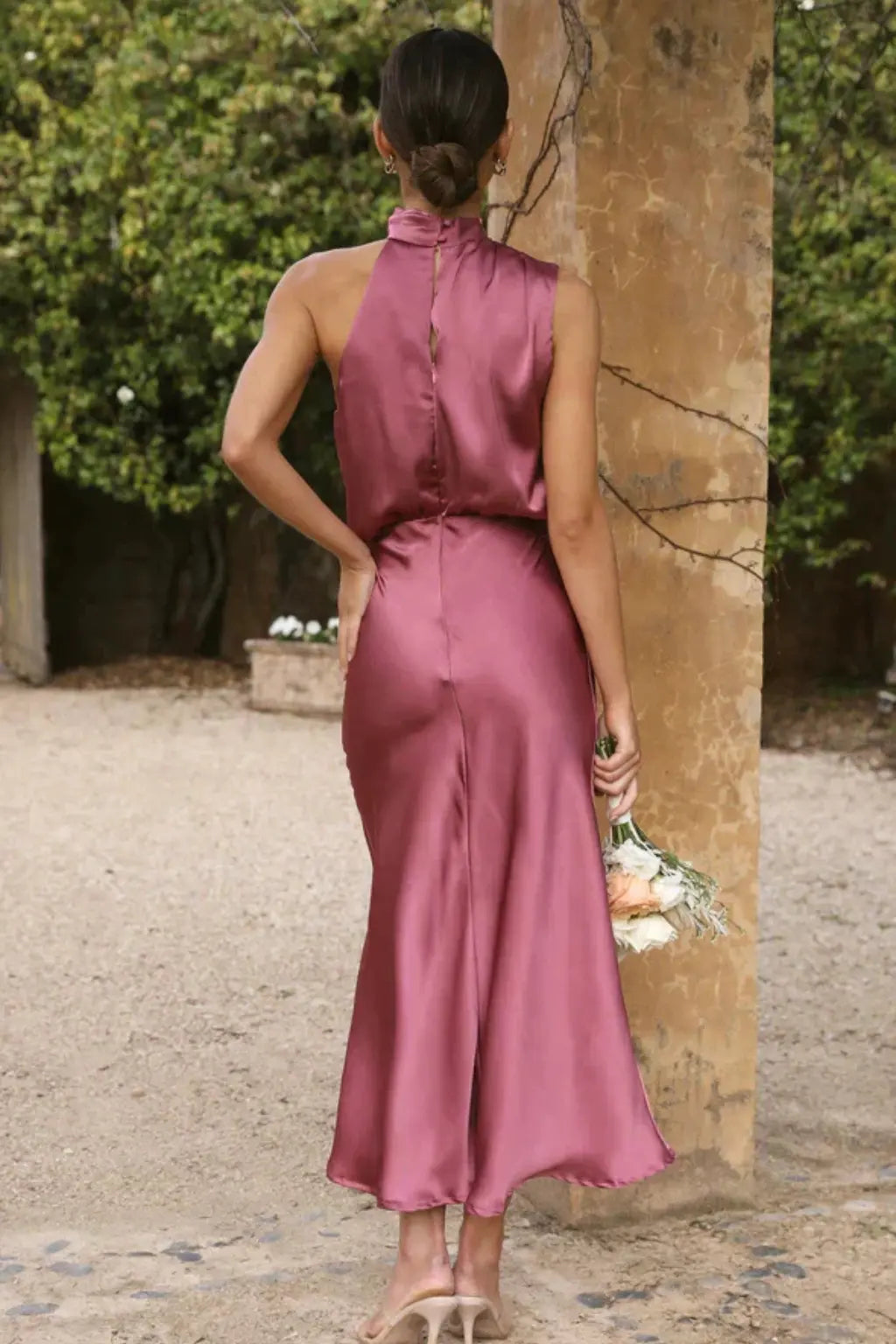 Amelina | Women Halter Neck Midi Dress Satin Wedding Guest Dress TARHUS