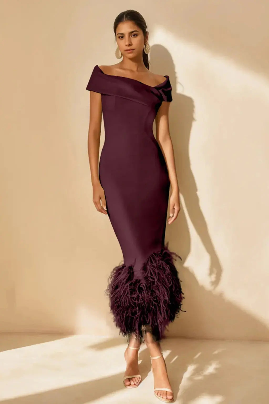 Verity | Women Off Shoulder Fitted Feather Hem Midi Wedding Guest Dress TARHUS  Mother of the Bride Dresses