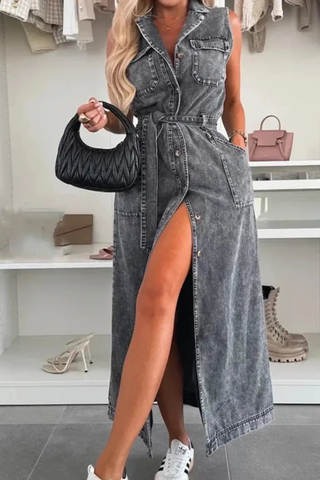 Lottie | Women Sleeveless Belted Button Down Denim Maxi Dress with Split TARHUS
