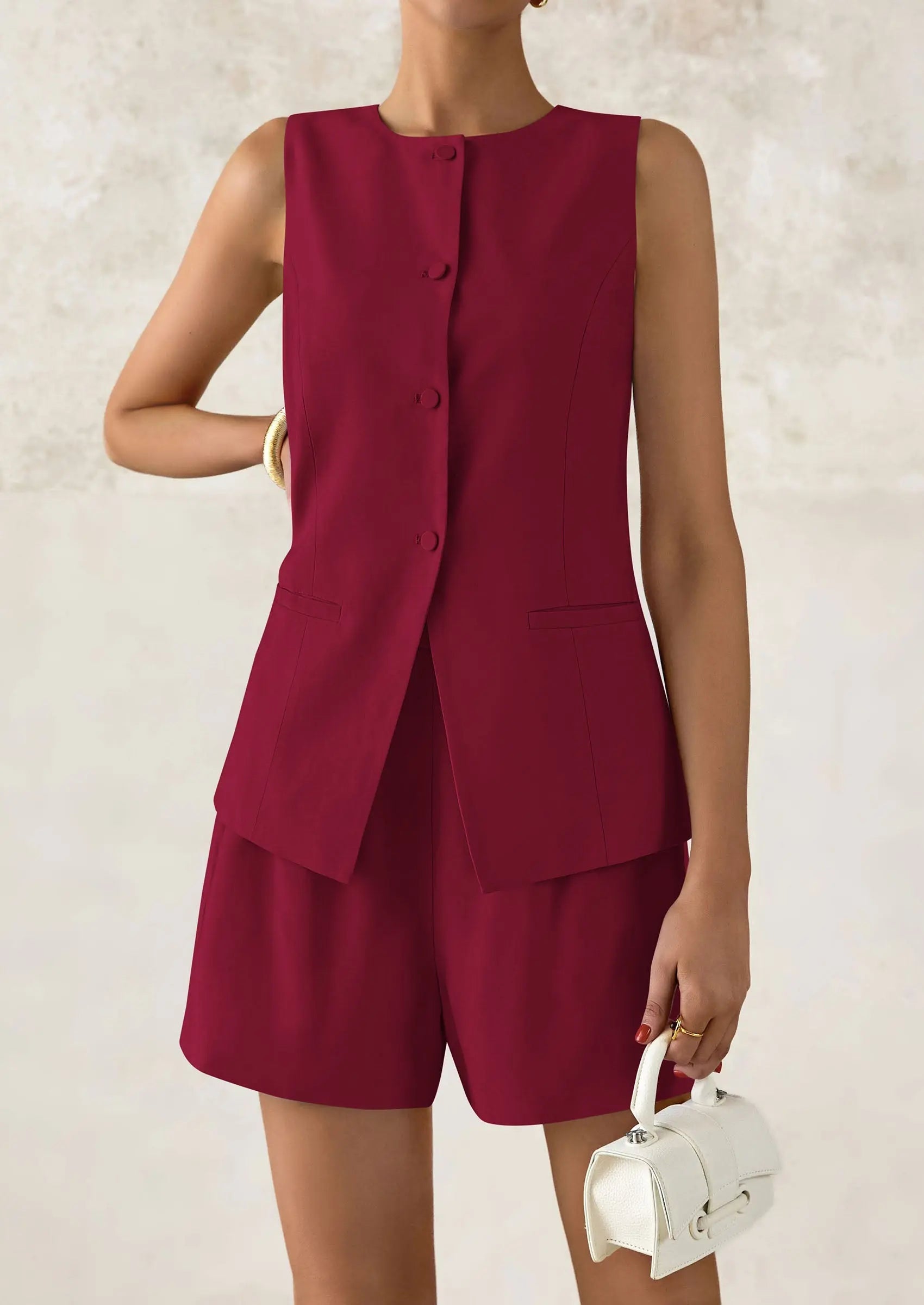 Casual Trendy Button Down Vest Tops High Waisted Shorts Business Two Piece Sets - TARHUS