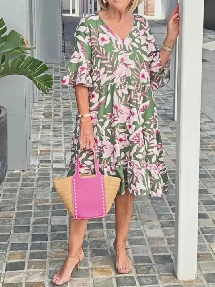 Beatrice | Tropical Floral Ruffle Midi Dress TARHUS  Floral V Neck Dress