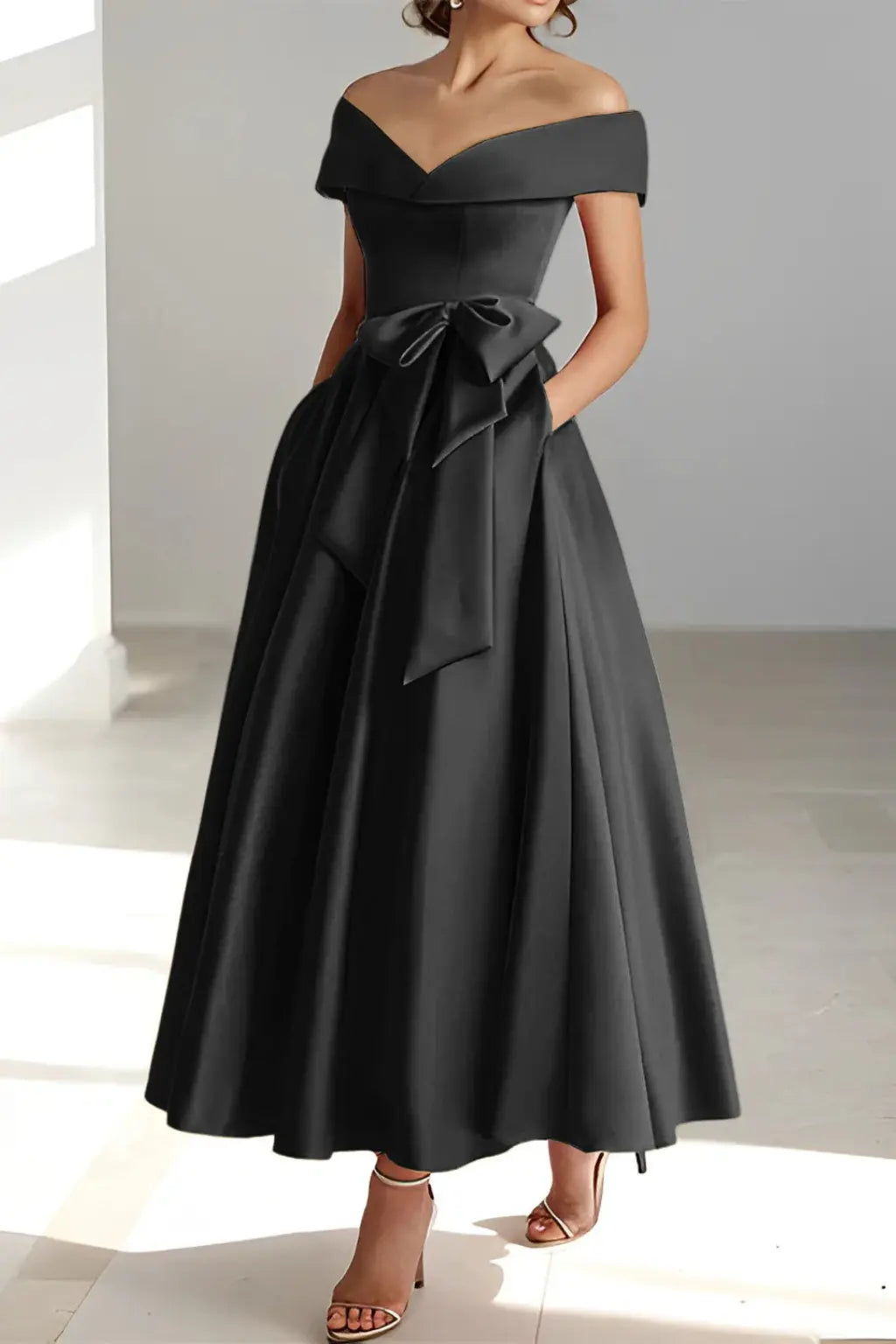 Arabella | Women Off Shoulder Bow Waist A Line Midi Wedding Guest Dress TARHUS  Mother of the Bride Dresses