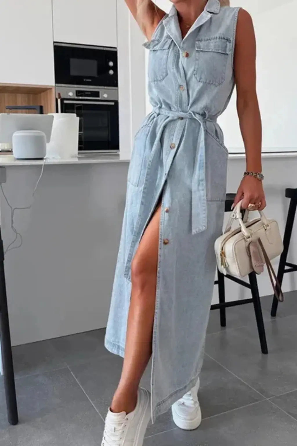 Lottie | Women Sleeveless Belted Button Down Denim Maxi Dress with Split TARHUS