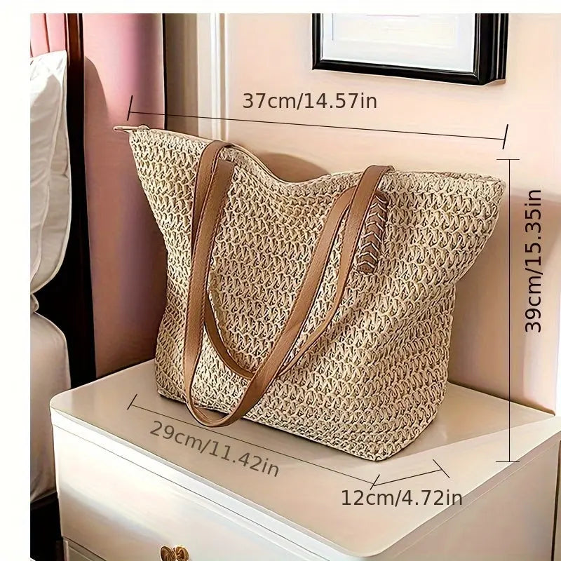 Isla | Large Woven Straw Handbag – Chic Beige Tote with Brown Handles TARHUS  Handbag