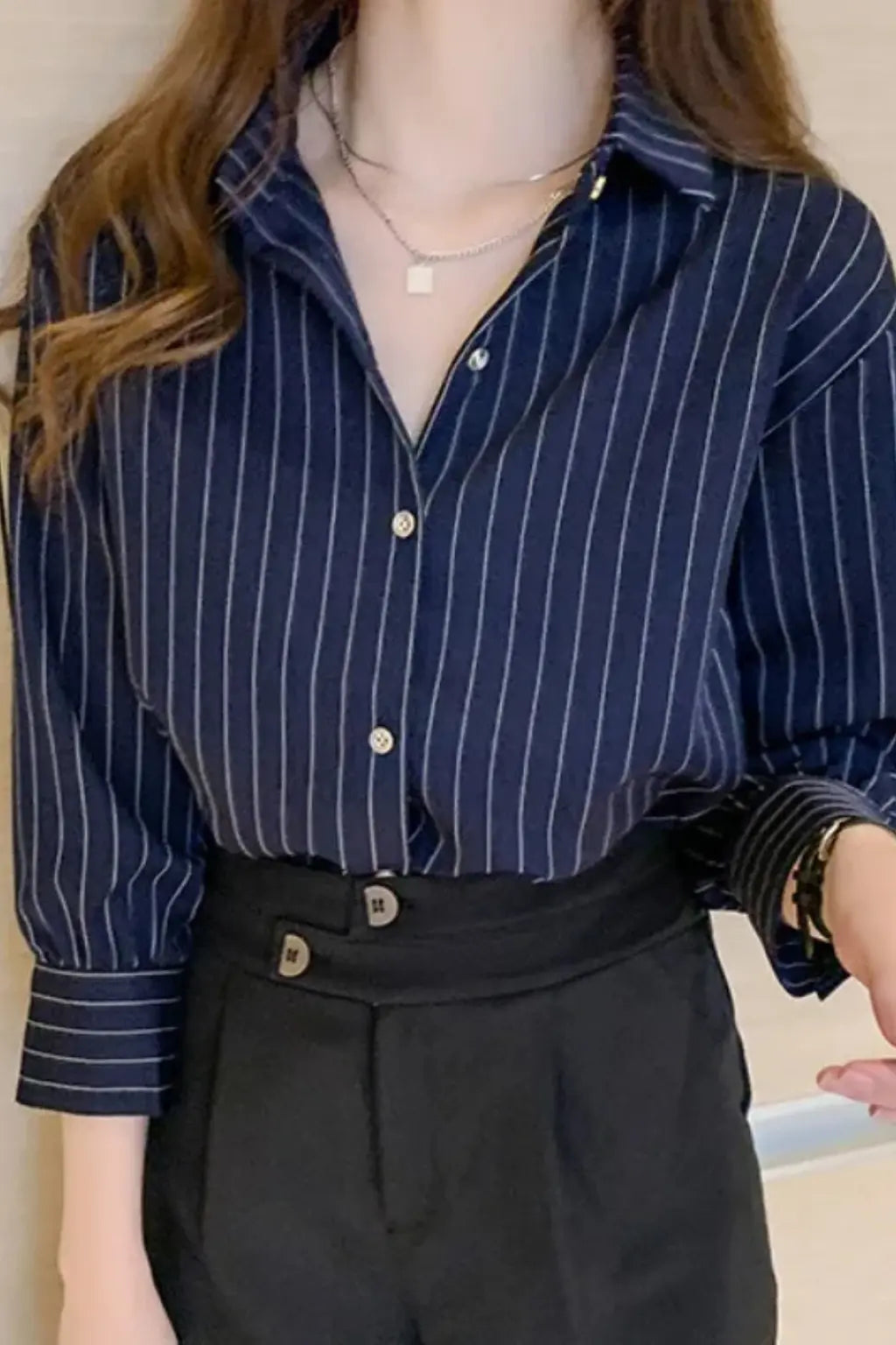 Nella | Women Turn Down Collar Long Sleeve Striped Shirt TARHUS