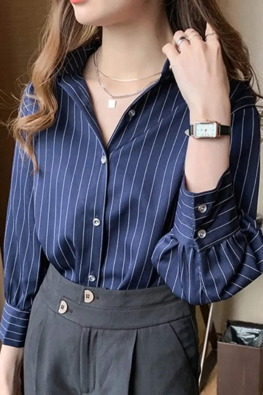 Nella | Women Turn Down Collar Long Sleeve Striped Shirt TARHUS