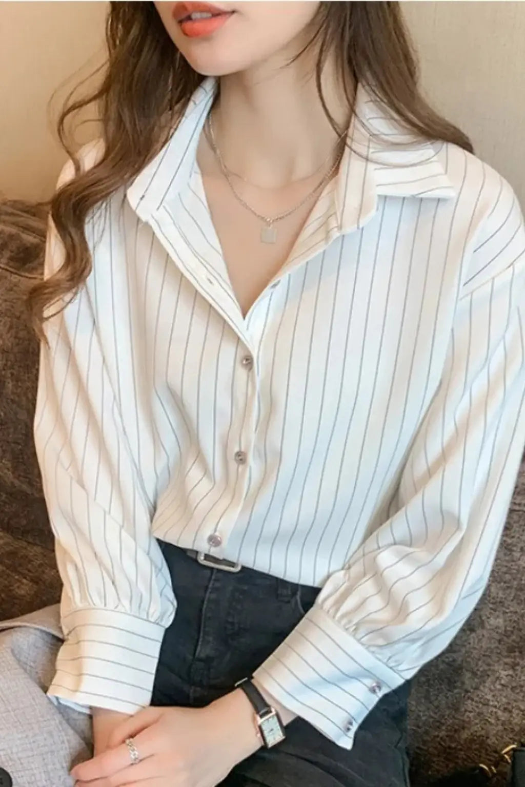 Nella | Women Turn Down Collar Long Sleeve Striped Shirt TARHUS