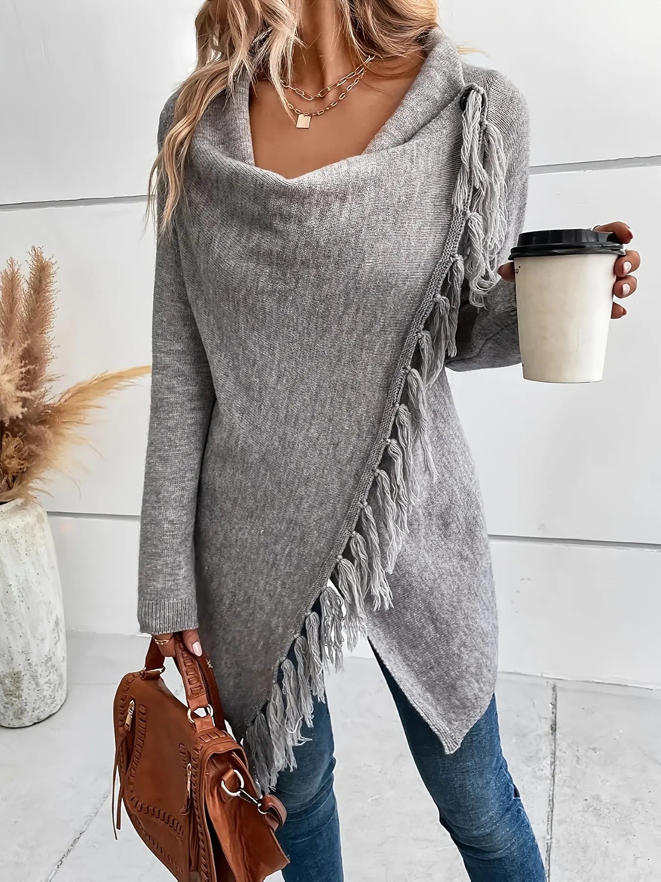 Women’s Knit Cardigan Shawl with Tassel Fringe – Draped Collar for All Seasons - TARHUS