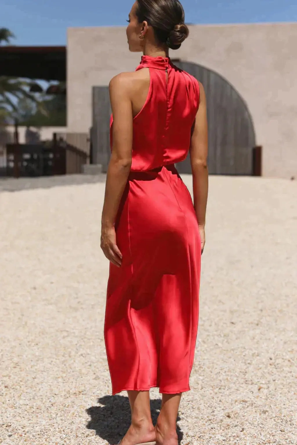 Amelina | Women Halter Neck Midi Dress Satin Wedding Guest Dress TARHUS