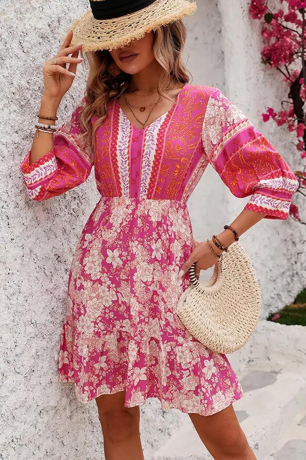 Bohemia Print V Neck Casual Mini Dress - TARHUS