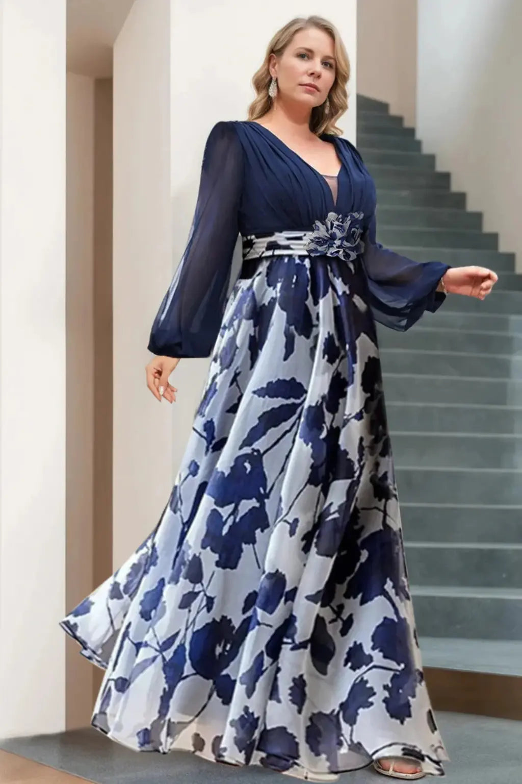 Valentina | Women V Neck Balloon Sleeve Floral Print Maxi Wedding Guest Dress TARHUS  Mother of the Bride Dresses