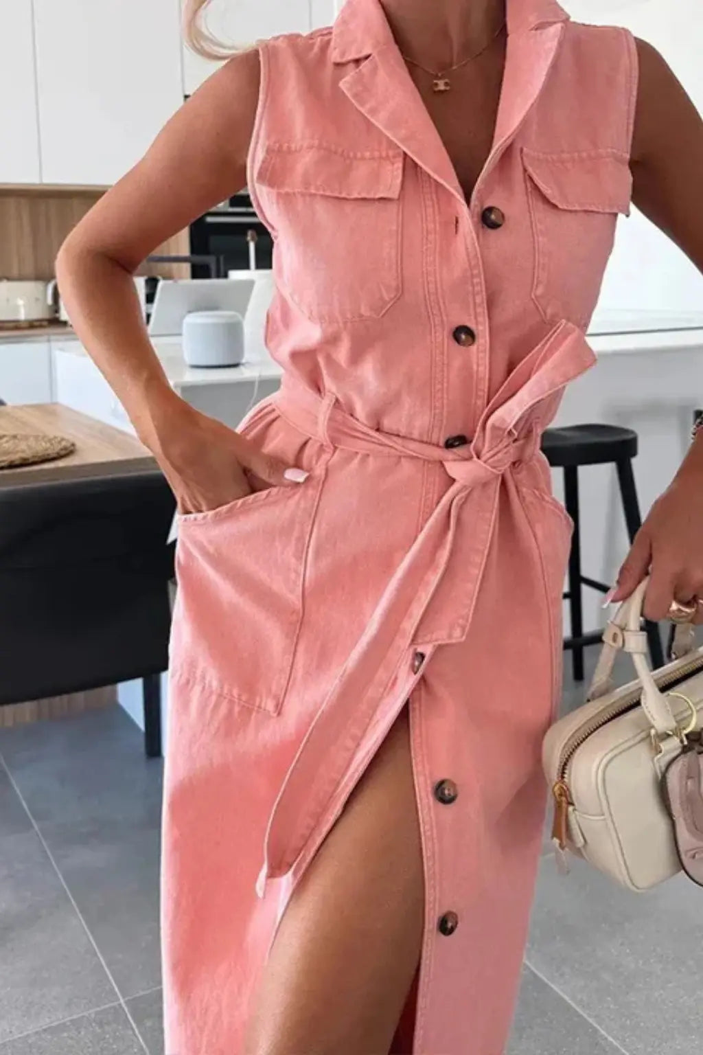 Lottie | Women Sleeveless Belted Button Down Denim Maxi Dress with Split TARHUS