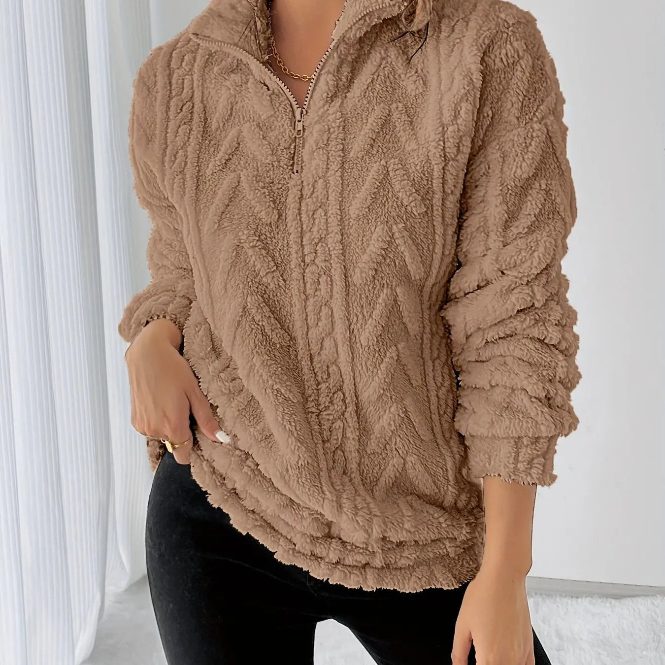 Women’s Fleece Zip-Up Sweatshirt – Long Sleeve Lapel Collar Pullover with Fluffy Texture - TARHUS