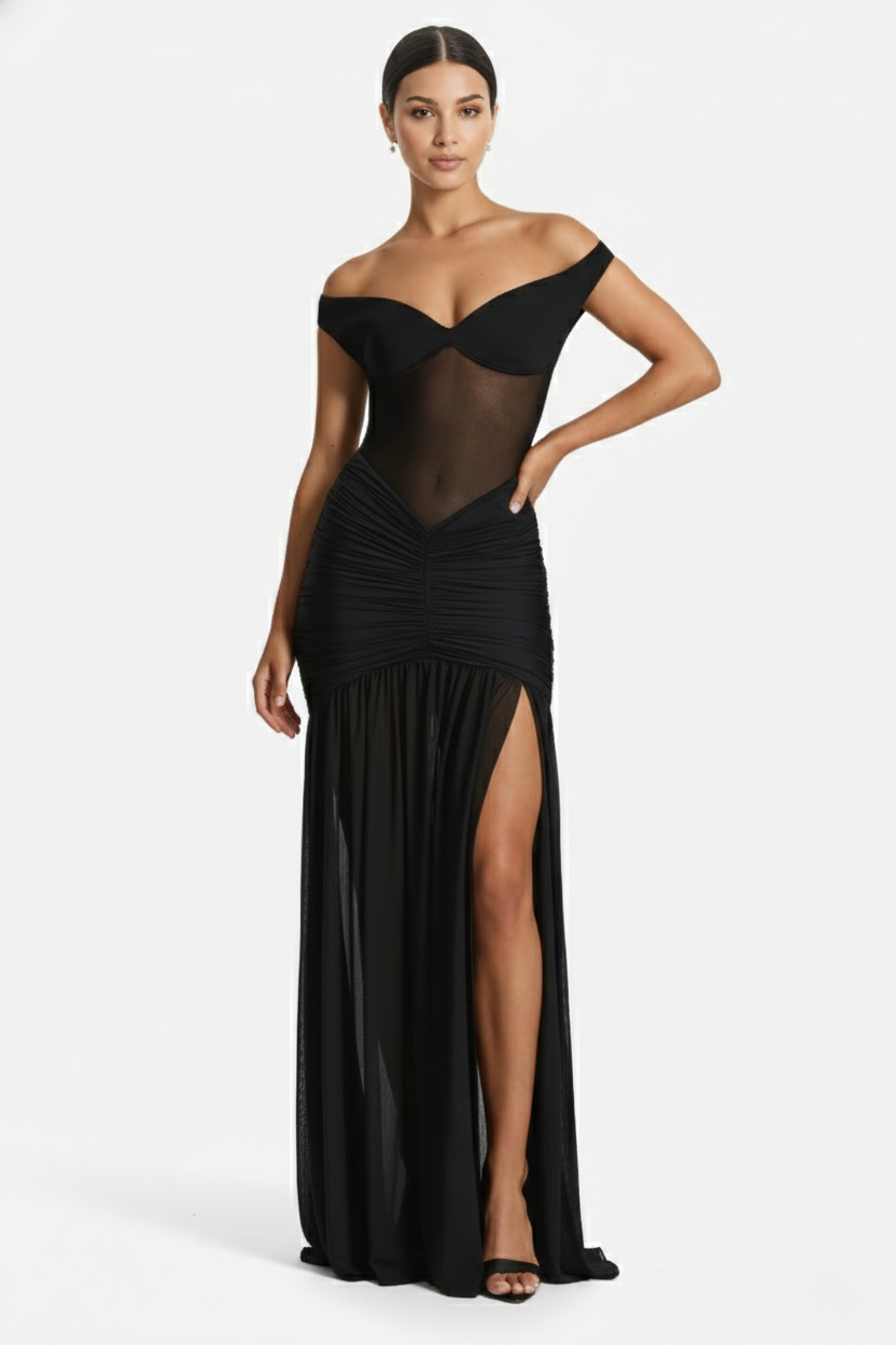 Women's Off Shoulder Ruched Maxi Dress - Mesh Bodice High Slit TARHUS  Maxi Dress