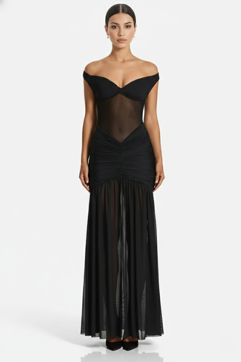 Women's Off Shoulder Ruched Maxi Dress - Mesh Bodice High Slit TARHUS  Maxi Dress