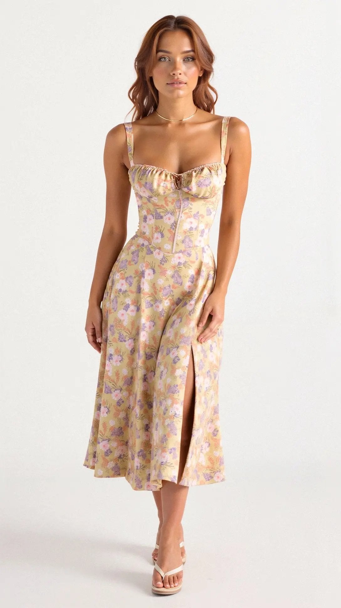 Charlotte's Midi Dress with Sweetheart Neckline and Floral Pattern - TARHUS