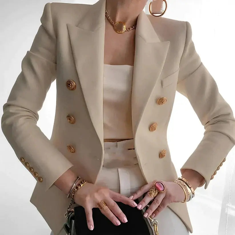 Cindy's Double-Breasted Blazer with Gold Buttons and Tailored Fit - TARHUS