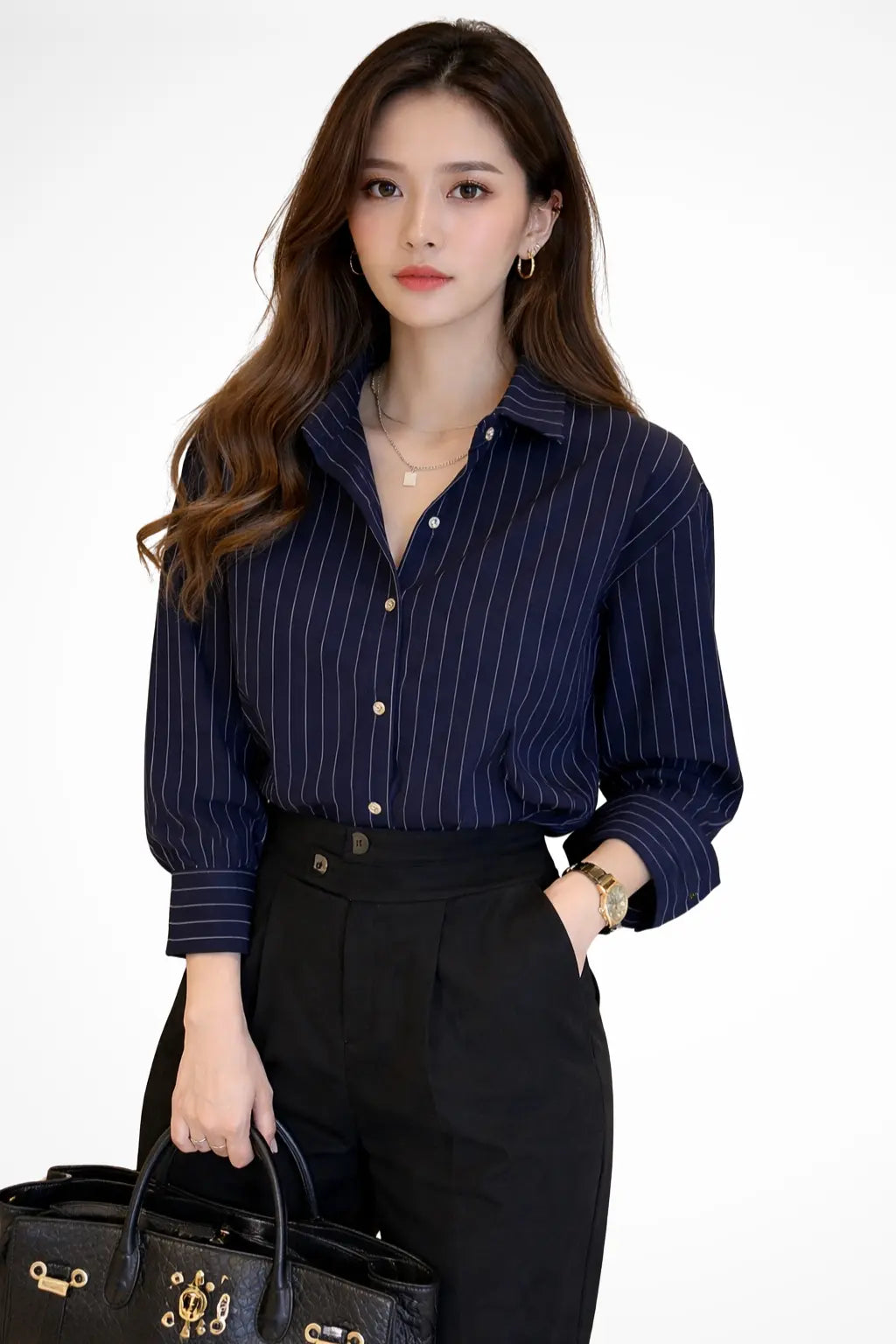 Nella | Women Turn Down Collar Long Sleeve Striped Shirt TARHUS