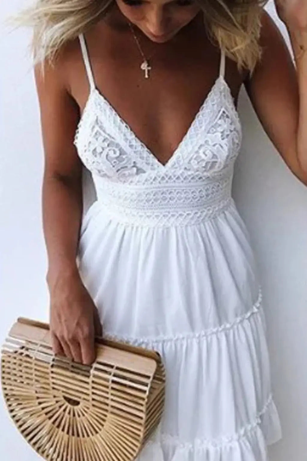 Freja | Women’s White Lace Summer Midi Dress with Spaghetti Straps & Open Back TARHUS