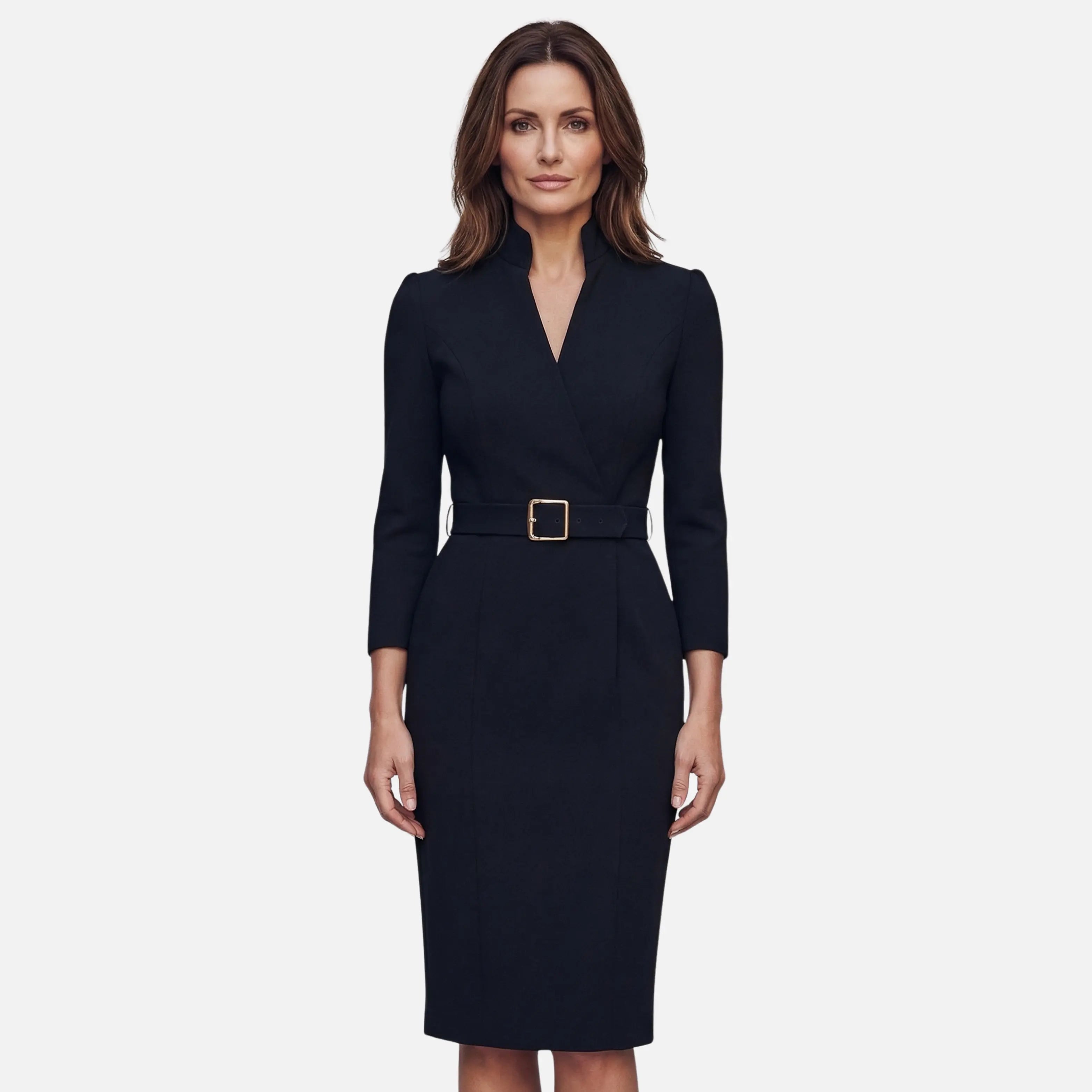 Crossover Neckline Midi Dress with Square Buckle Belt for Women TARHUS  AS - Womens - Dresses