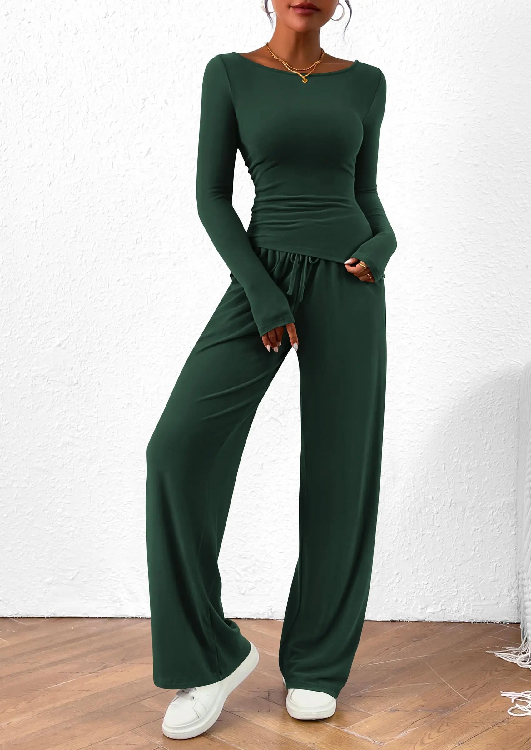 Long Sleeve T-Shirt Wide Leg Pants Casual 2 Piece Sets - TARHUS