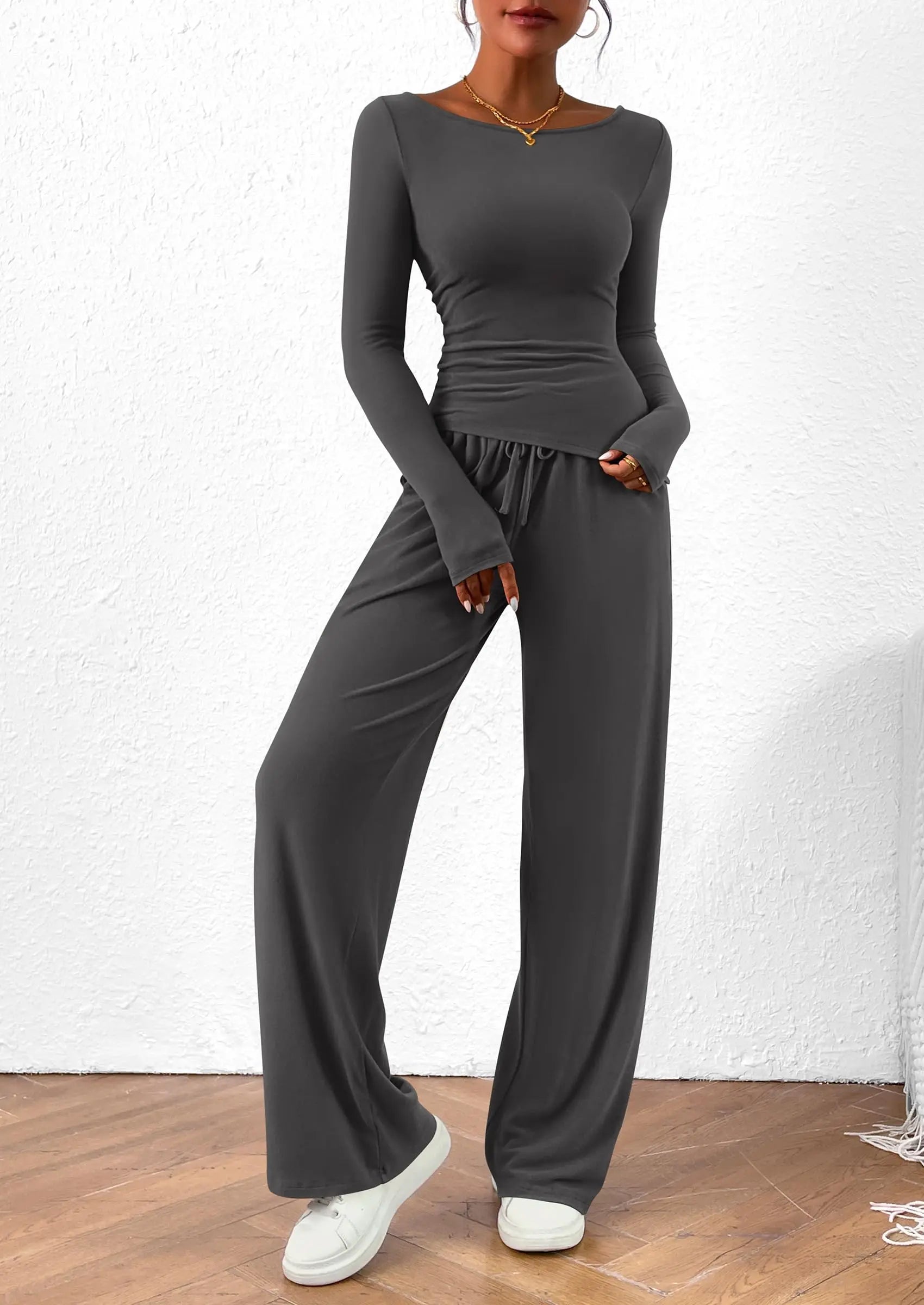 Long Sleeve T-Shirt Wide Leg Pants Casual 2 Piece Sets - TARHUS