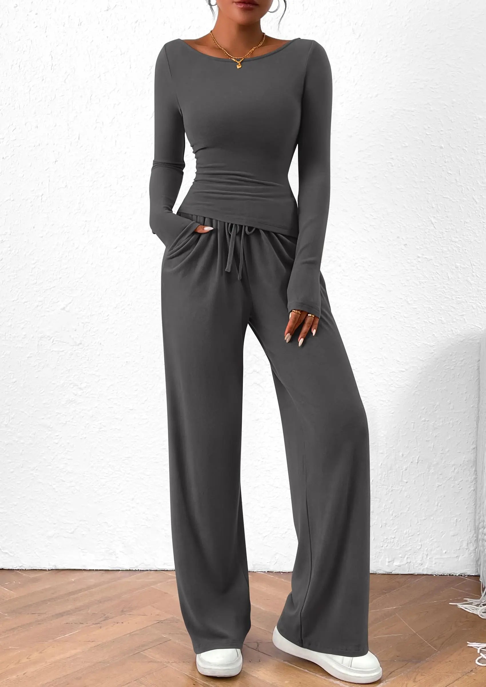 Long Sleeve T-Shirt Wide Leg Pants Casual 2 Piece Sets - TARHUS