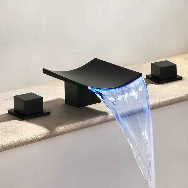 LED Waterfall Bathroom Faucet – Modern Dual Handle Widespread Design In Matte Black - TARHUS