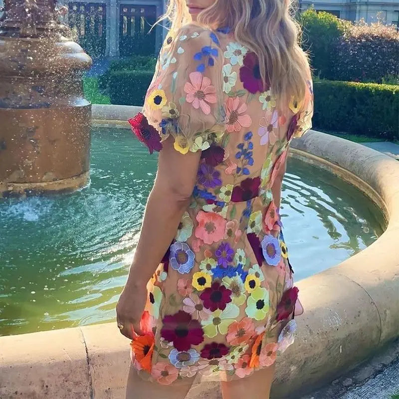 Sheer Floral Mesh Mini Dress with Puff Sleeves for Women TARHUS  SS - Womens - Mini Dress
