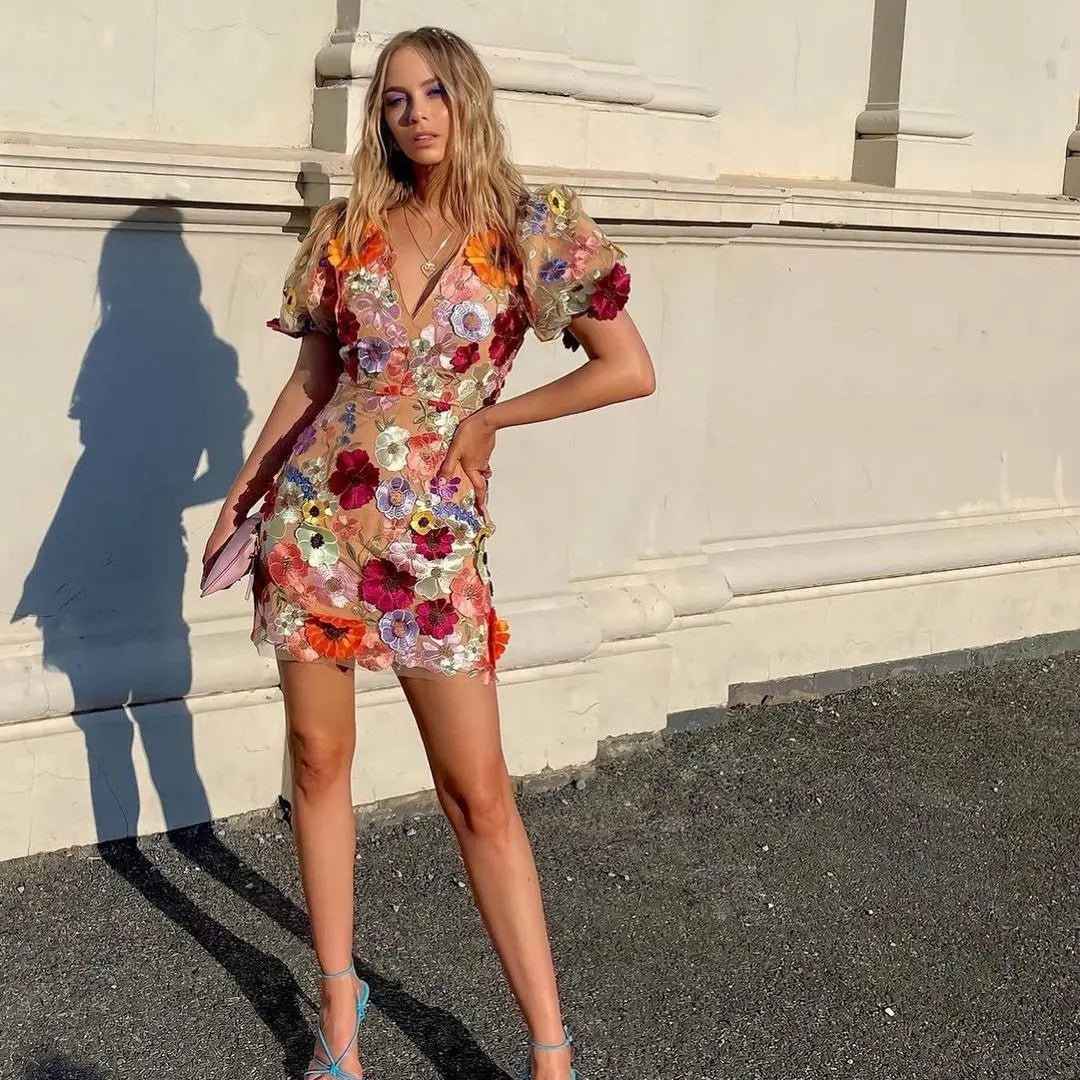 Sheer Floral Mesh Mini Dress with Puff Sleeves for Women TARHUS  SS - Womens - Mini Dress