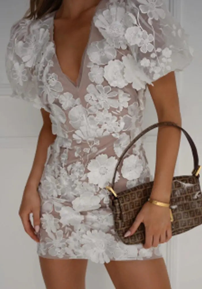 Sheer Floral Mesh Mini Dress with Puff Sleeves for Women TARHUS  SS - Womens - Mini Dress