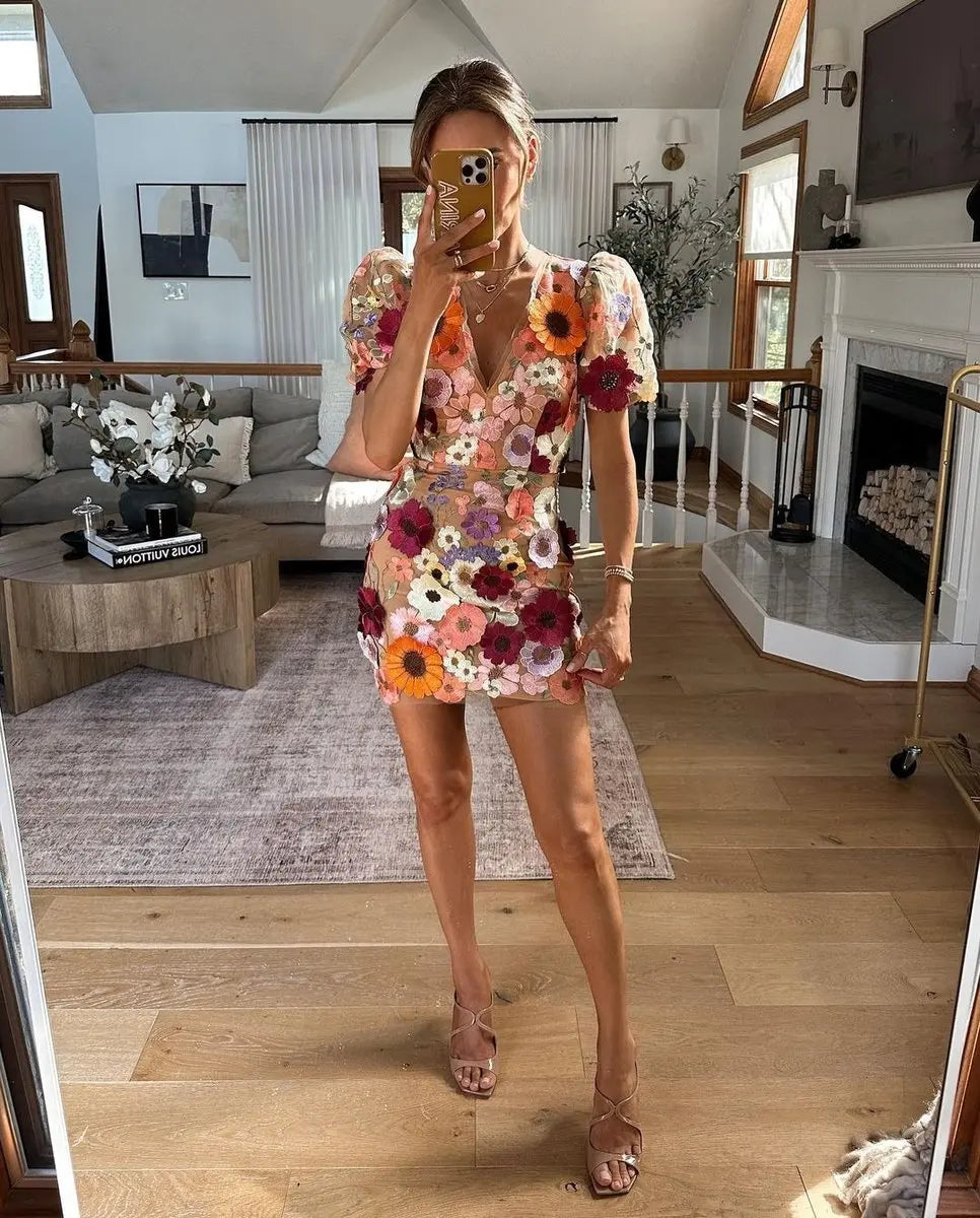 Sheer Floral Mesh Mini Dress with Puff Sleeves for Women TARHUS  SS - Womens - Mini Dress