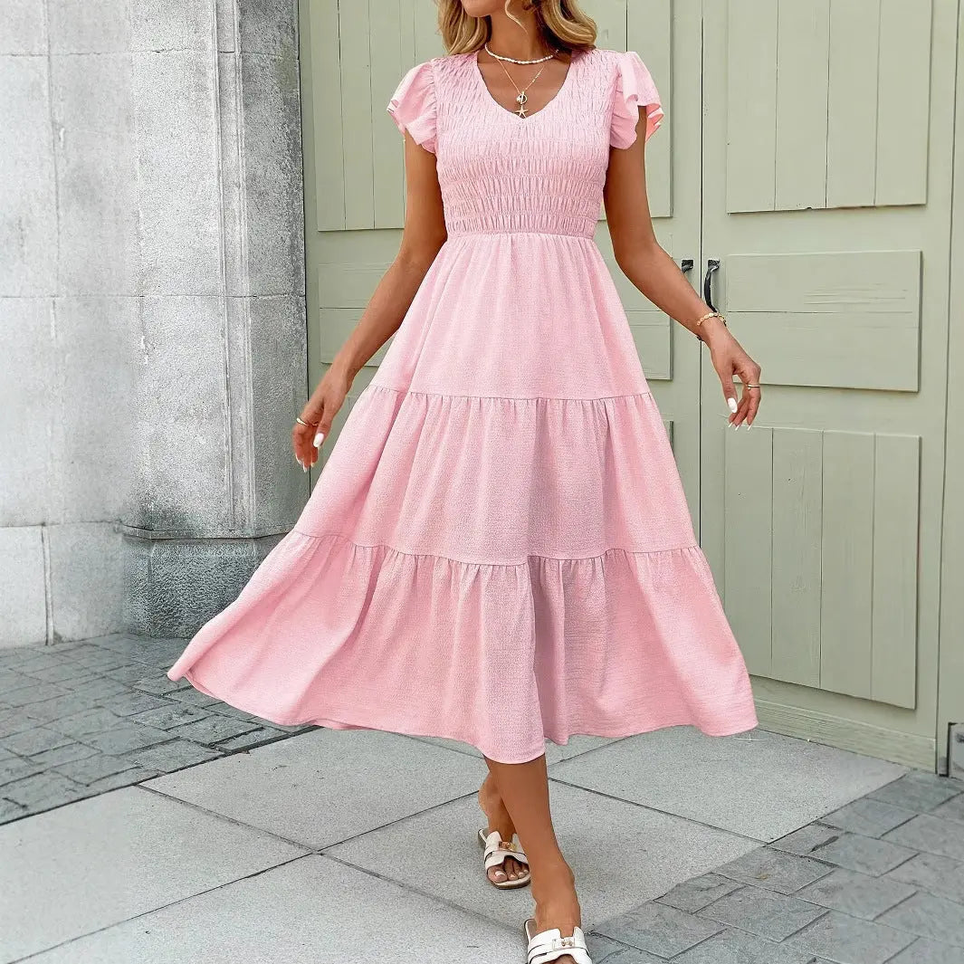 Flowing Pink Midi Dress with Smocked Bodice for Women TARHUS  SS - Womens - Maxi Dress