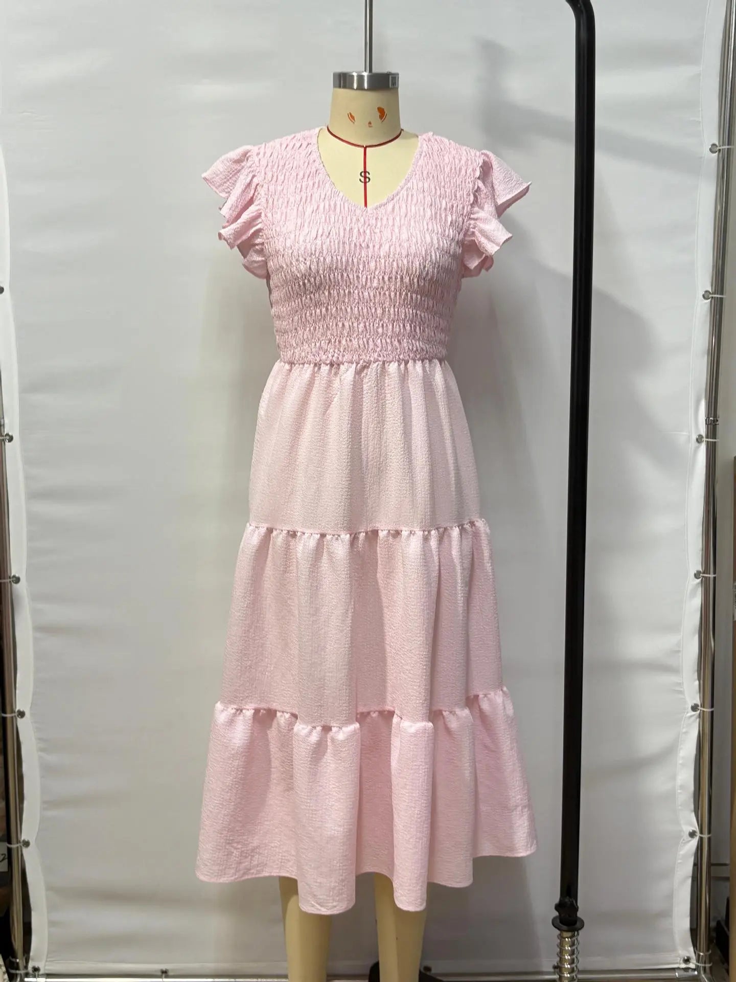 Flowing Pink Midi Dress with Smocked Bodice for Women TARHUS  SS - Womens - Maxi Dress